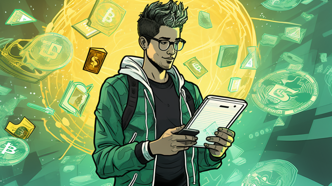 man sending money on a mobile device with cryptocurrency imagery in background